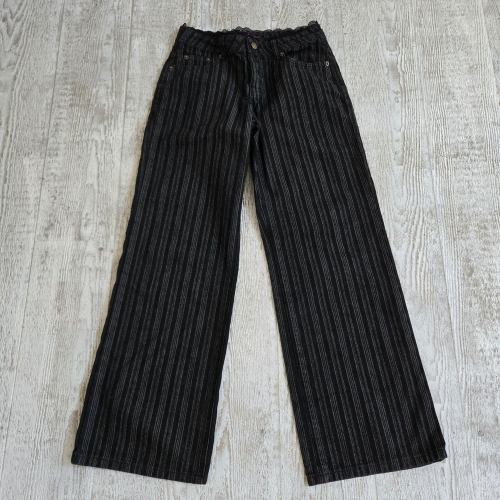 Edikted Striped Wide Leg Jeans Black Grey Lace Trim Waistband Women Size S